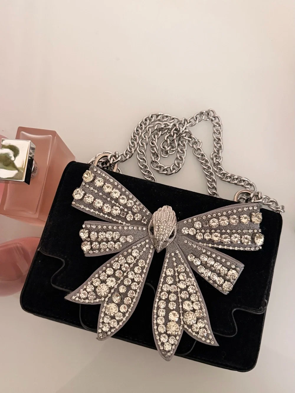 Black Velvet Evening Crossbody with Crystal Bow Accent